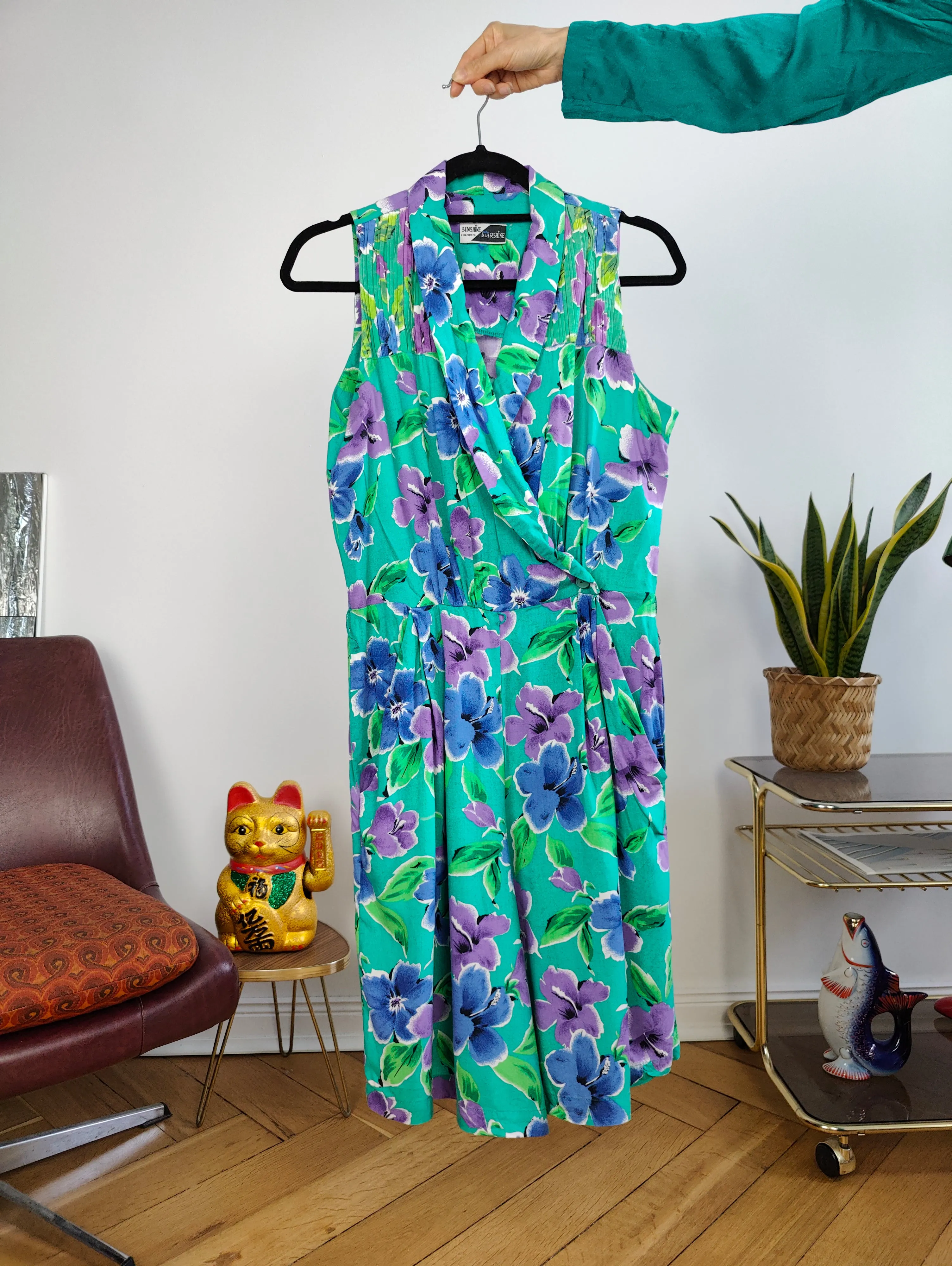 Vintage playsuit shorts floral print pattern turquoise green overall jumpsuit onesie sleeveless S