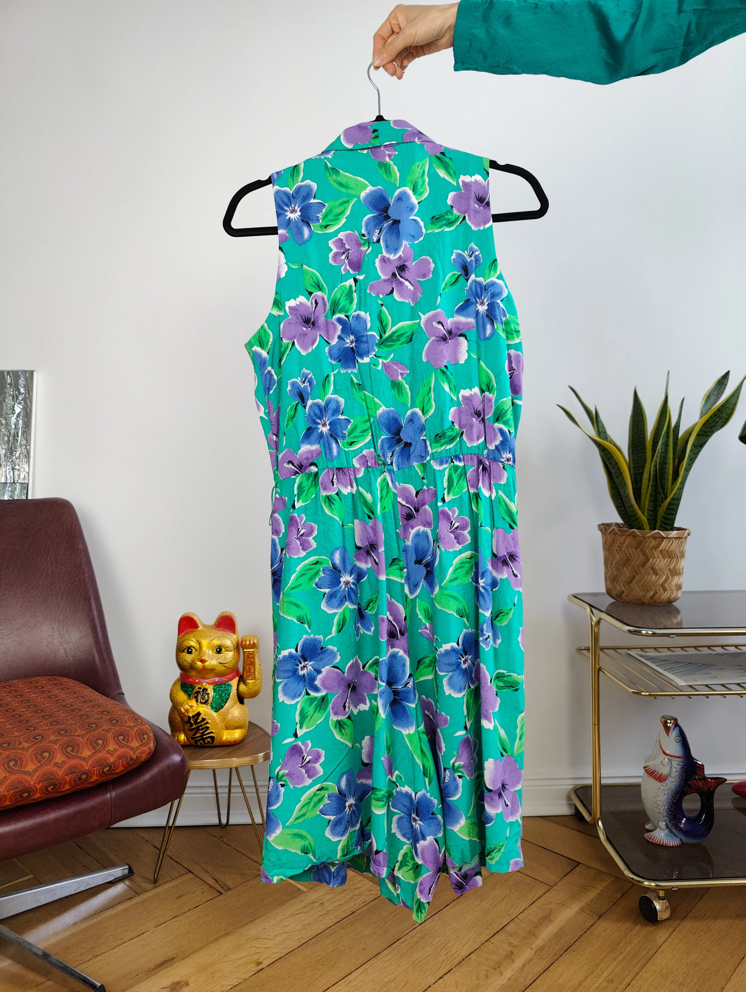 Vintage playsuit shorts floral print pattern turquoise green overall jumpsuit onesie sleeveless S