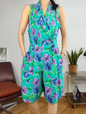 Vintage playsuit shorts floral print pattern turquoise green overall jumpsuit onesie sleeveless S