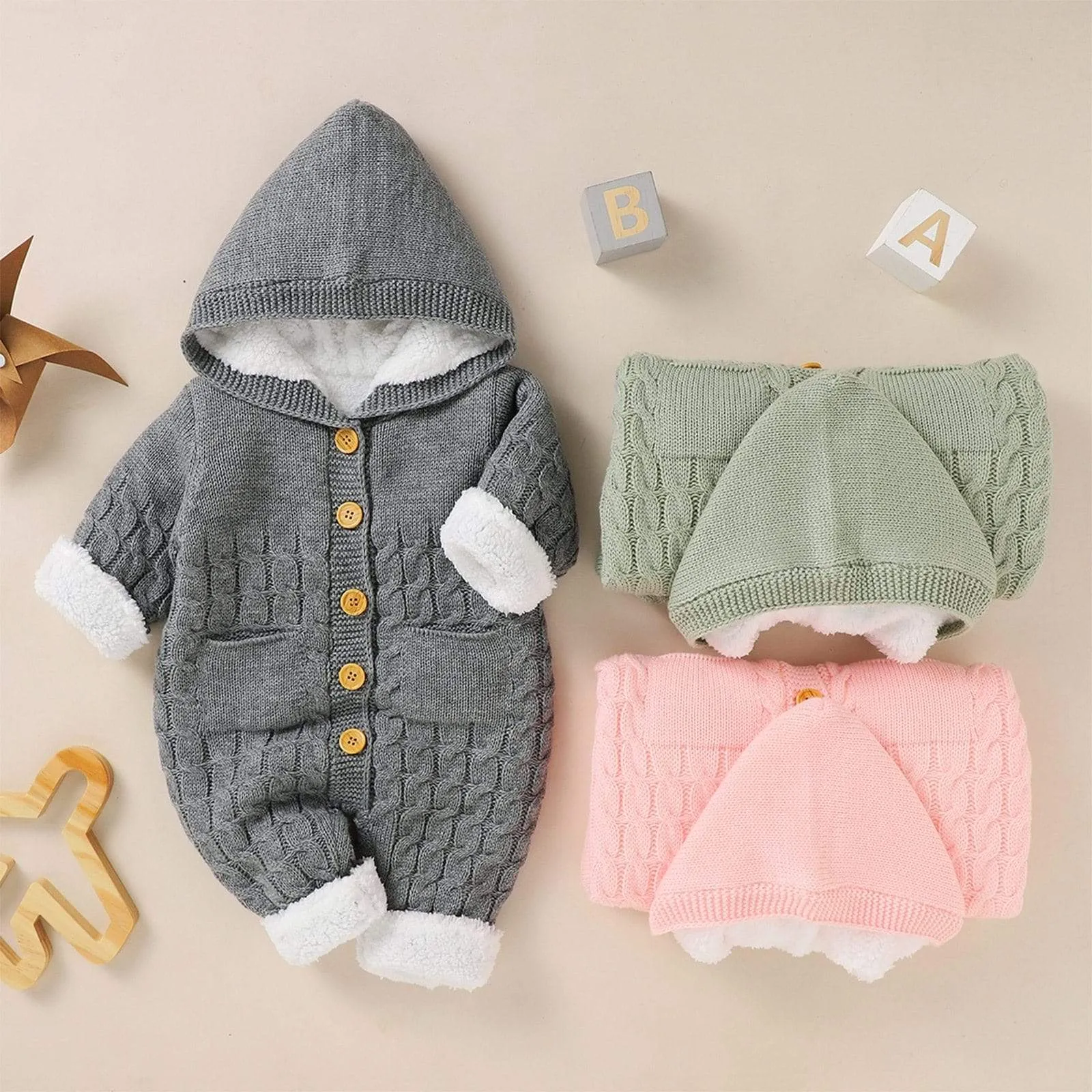Warm Hooded Knitted Baby Romper