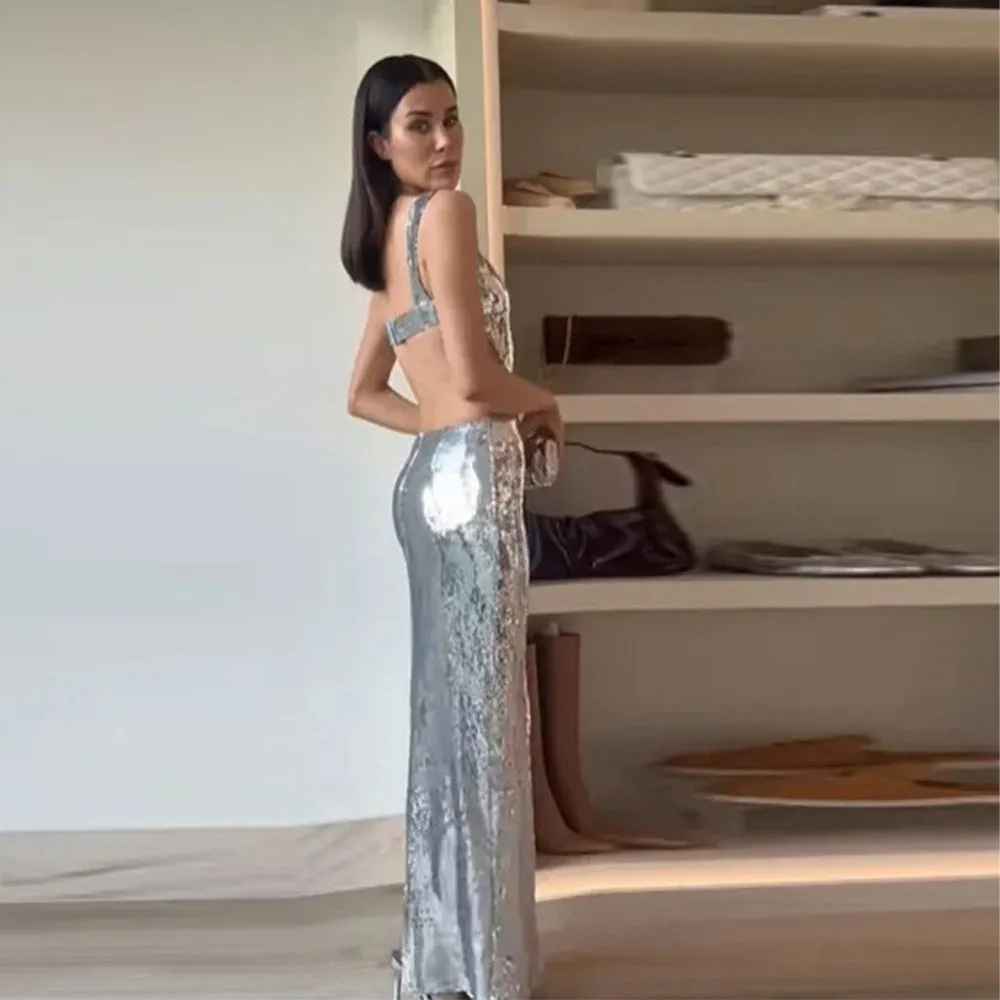 Woman Fashion French High Feeling Silver Sequins Halter Sheath Dress Light Luxury Dinner Year Sexy Long Dresses