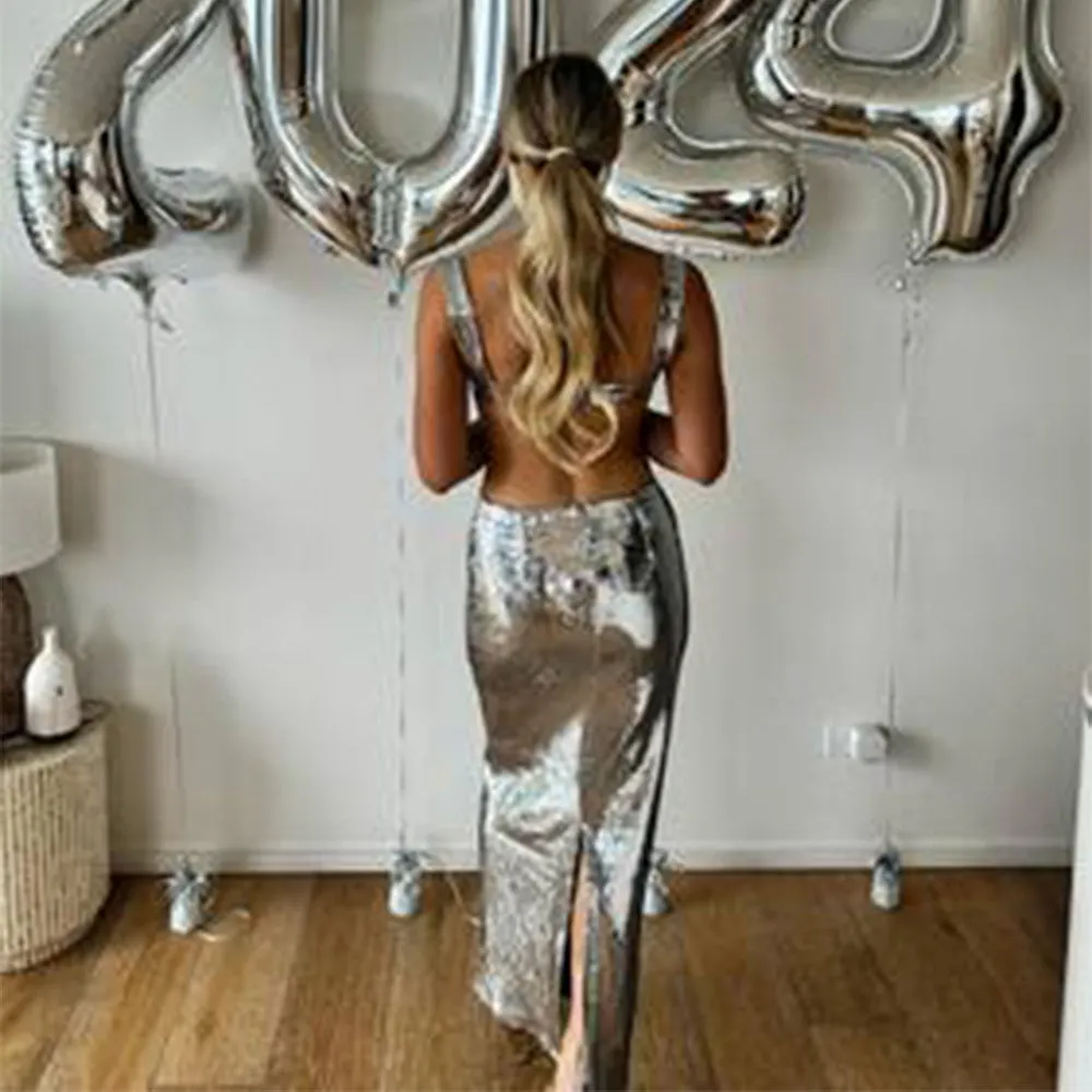 Woman Fashion French High Feeling Silver Sequins Halter Sheath Dress Light Luxury Dinner Year Sexy Long Dresses