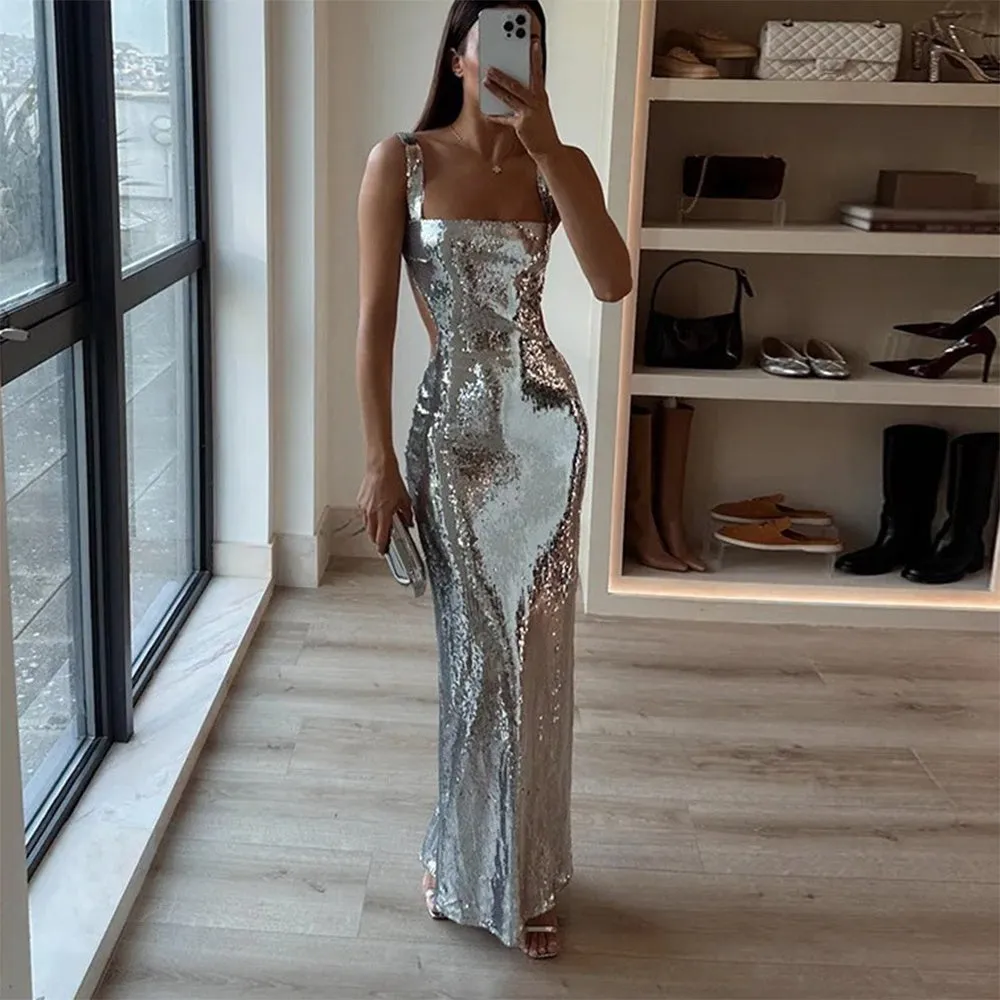 Woman Fashion French High Feeling Silver Sequins Halter Sheath Dress Light Luxury Dinner Year Sexy Long Dresses