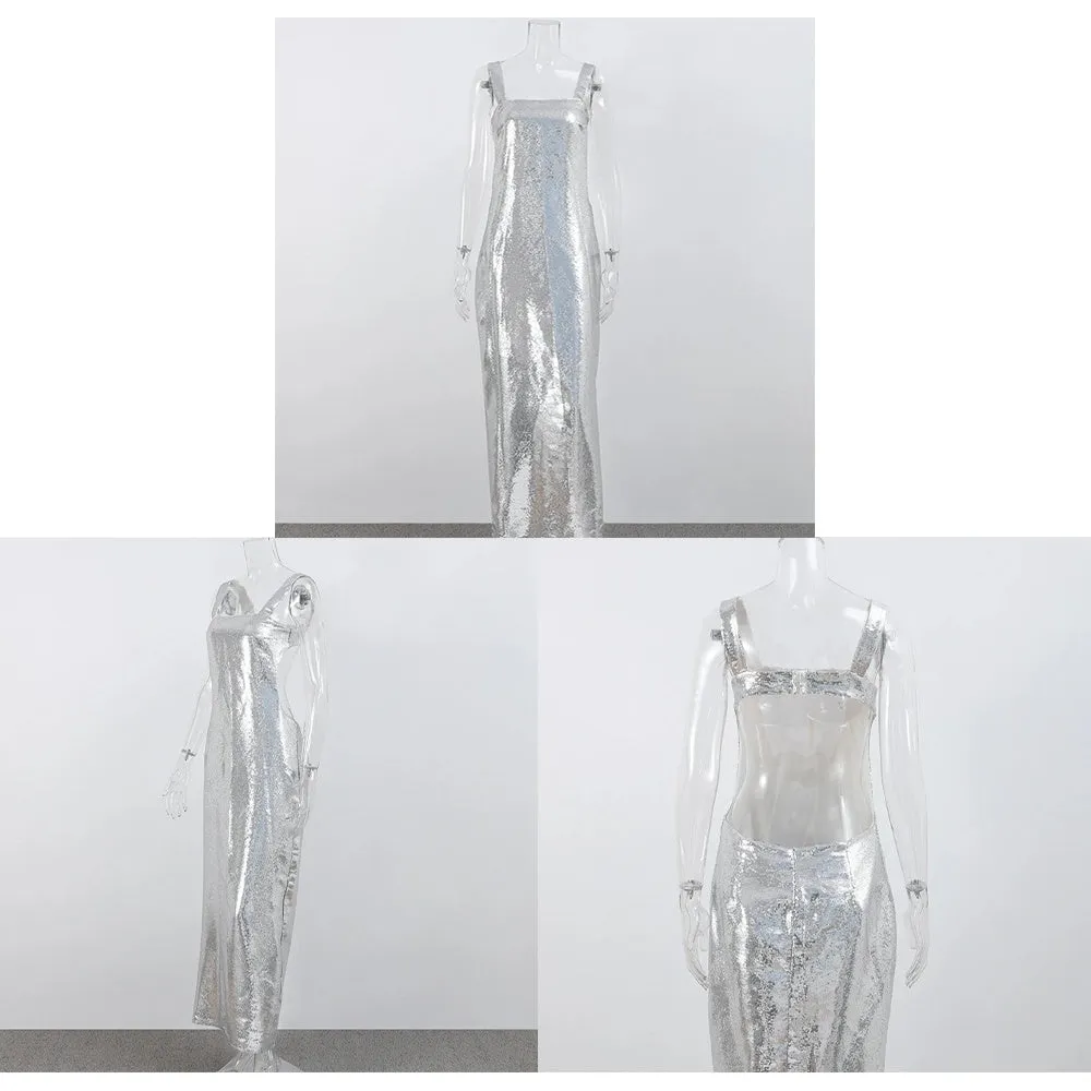 Woman Fashion French High Feeling Silver Sequins Halter Sheath Dress Light Luxury Dinner Year Sexy Long Dresses