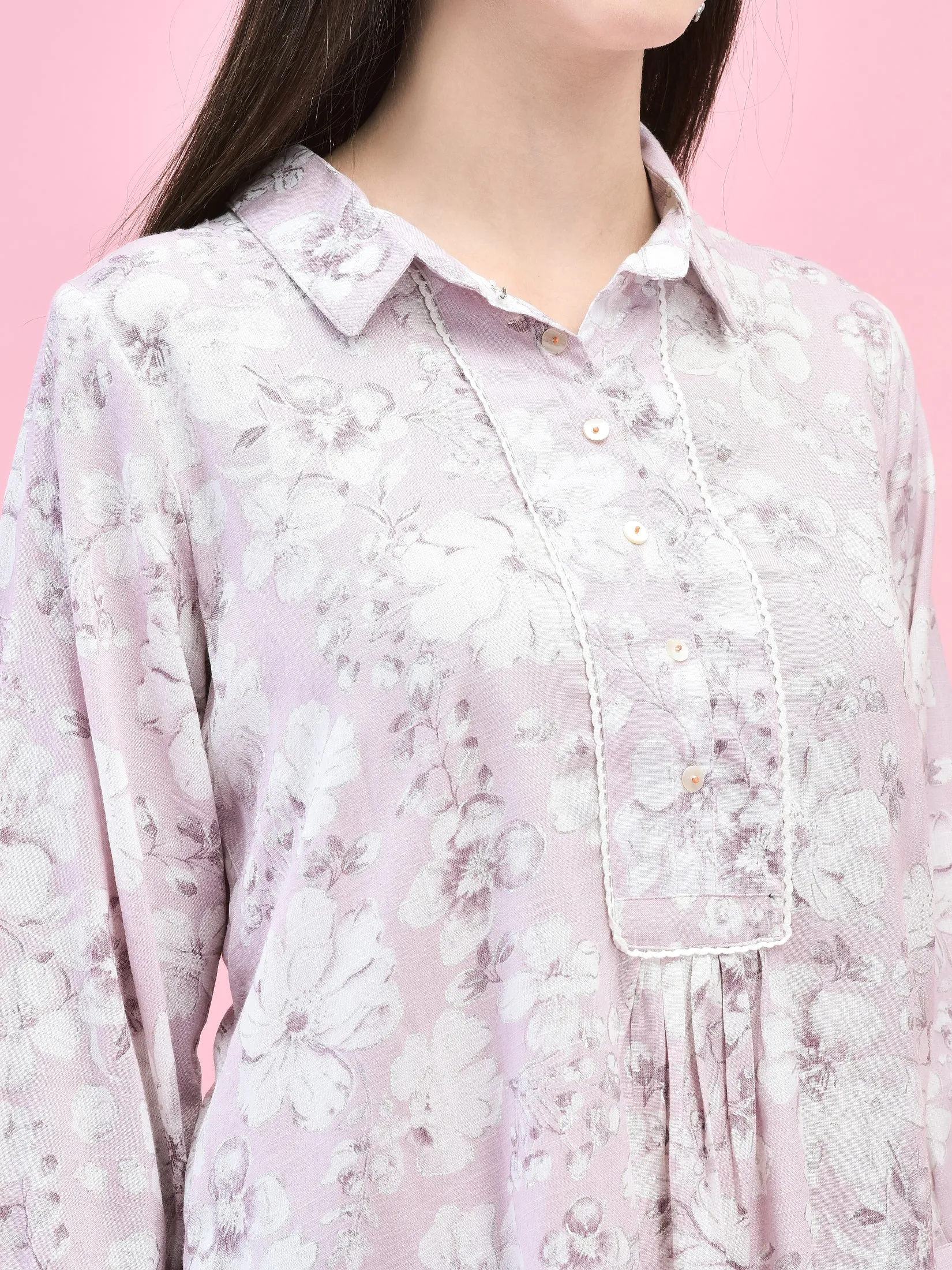 Women Liva (Rayon) Lilac Floral Print Tunic