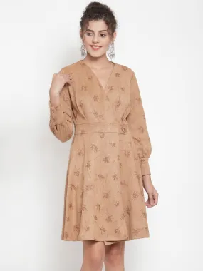 Women Printed Khaki V-Neck Dress