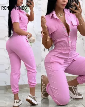 Women Solid Turn Down Collar Elastic Waist Drawstring Jumpsuit