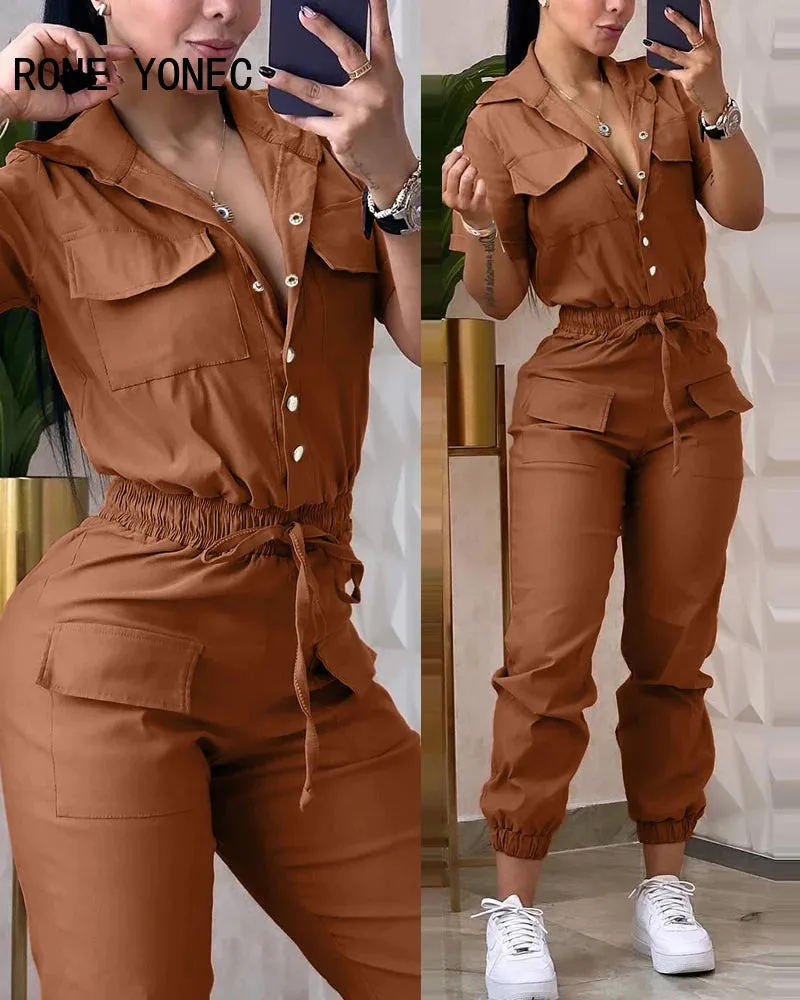 Women Solid Turn Down Collar Elastic Waist Drawstring Jumpsuit