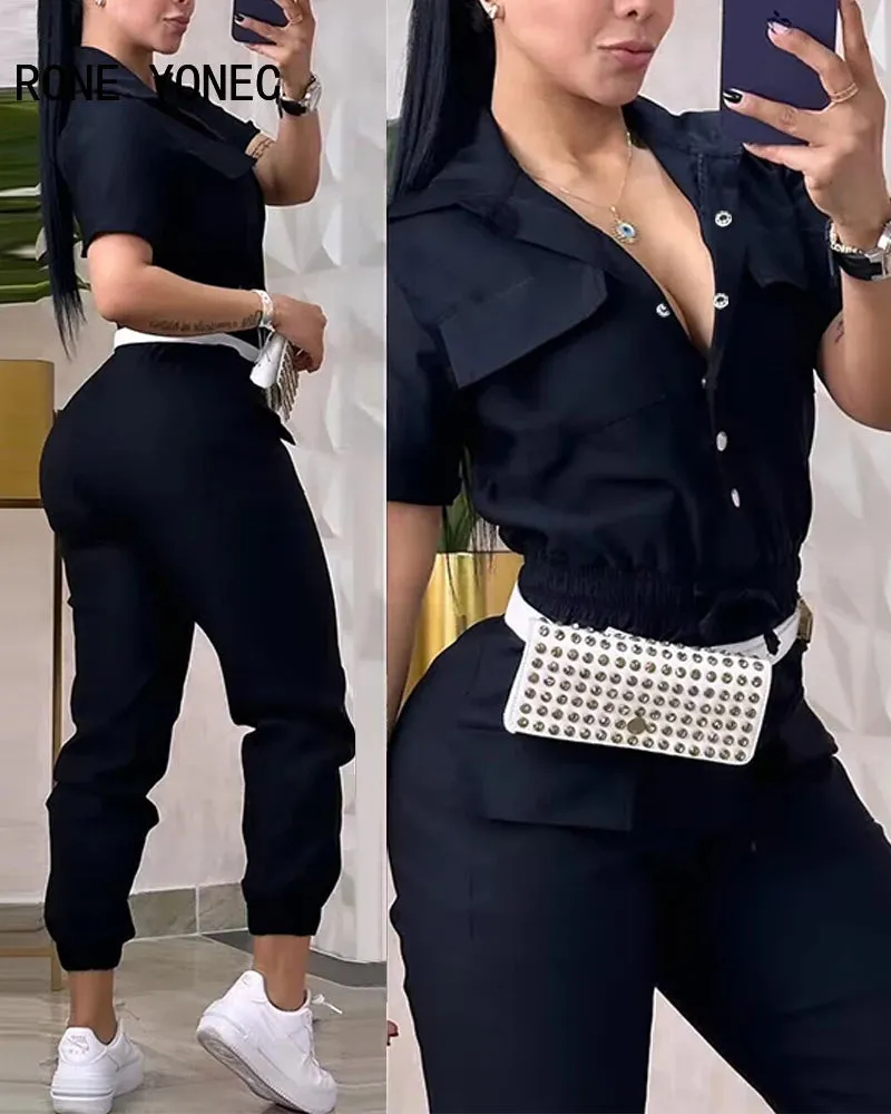 Women Solid Turn Down Collar Elastic Waist Drawstring Jumpsuit