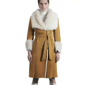 Women's Tan Brown Suede Leather Shearling Coat – Warm & Stylish