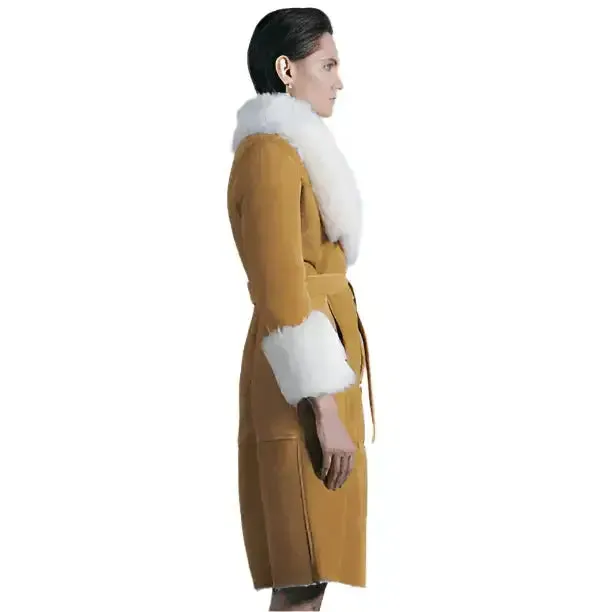 Women's Tan Brown Suede Leather Shearling Coat – Warm & Stylish