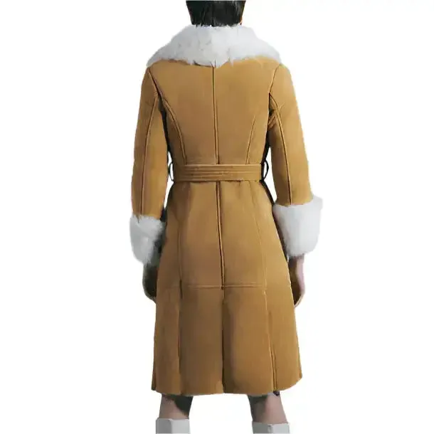 Women's Tan Brown Suede Leather Shearling Coat – Warm & Stylish