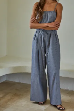 Woven Cotton Striped Square Neck Wide Leg Jumpsuit