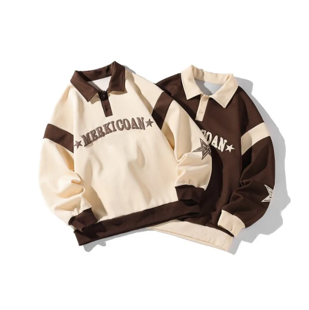 Y2K Streetwear Fashion Contrast Polo Embroidery Oversized Baggy Fleece Sweatshirt For Mens
