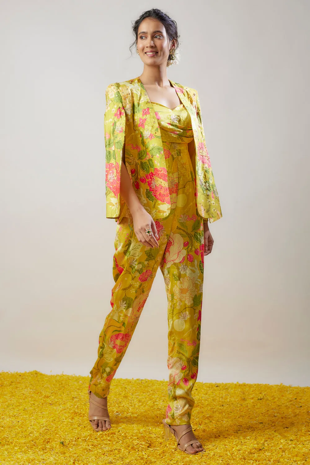 Yellow Satin Printed Jumpsuit With Blazer