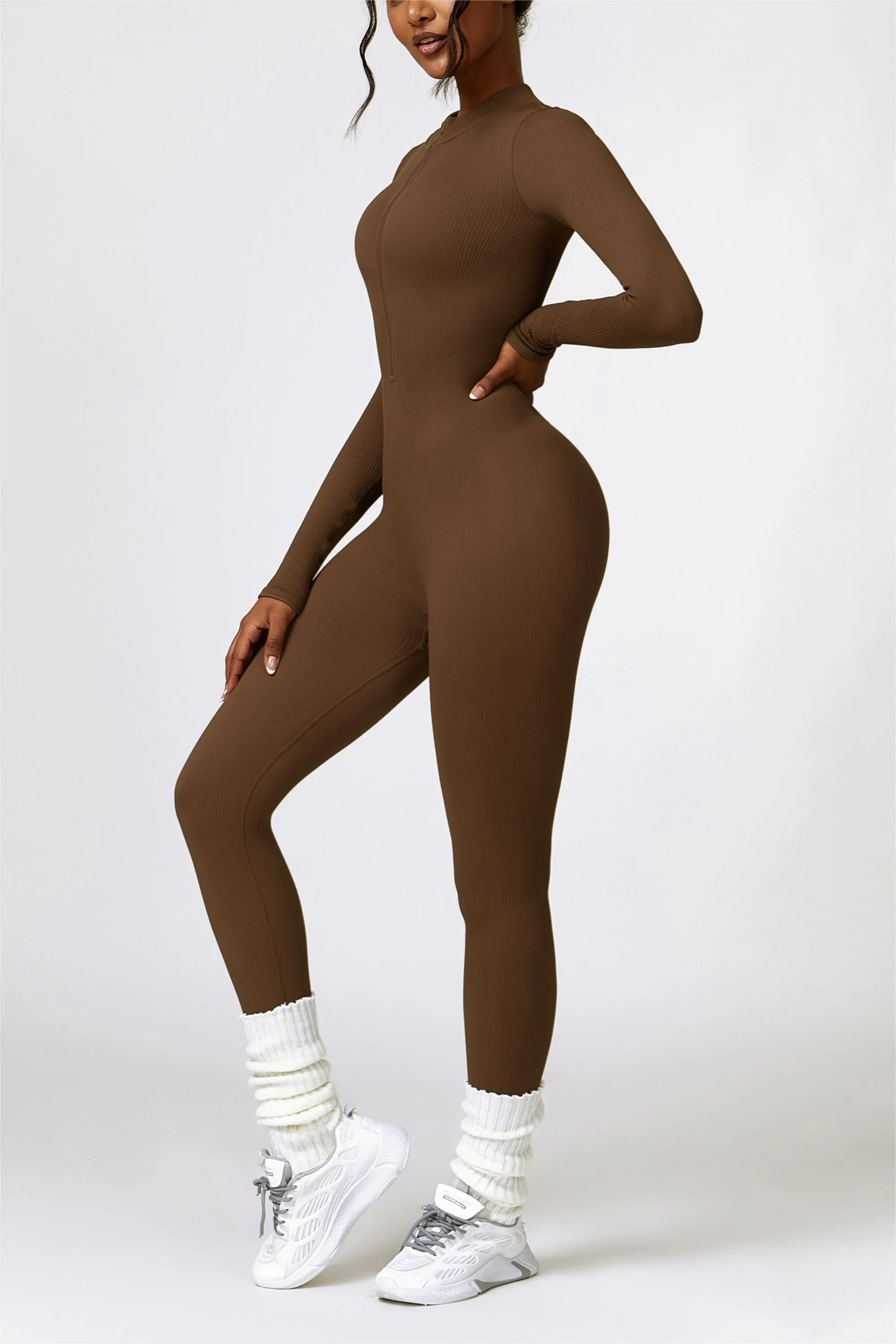 ZipFlex Ribbed Long-Sleeve Active Jumpsuit