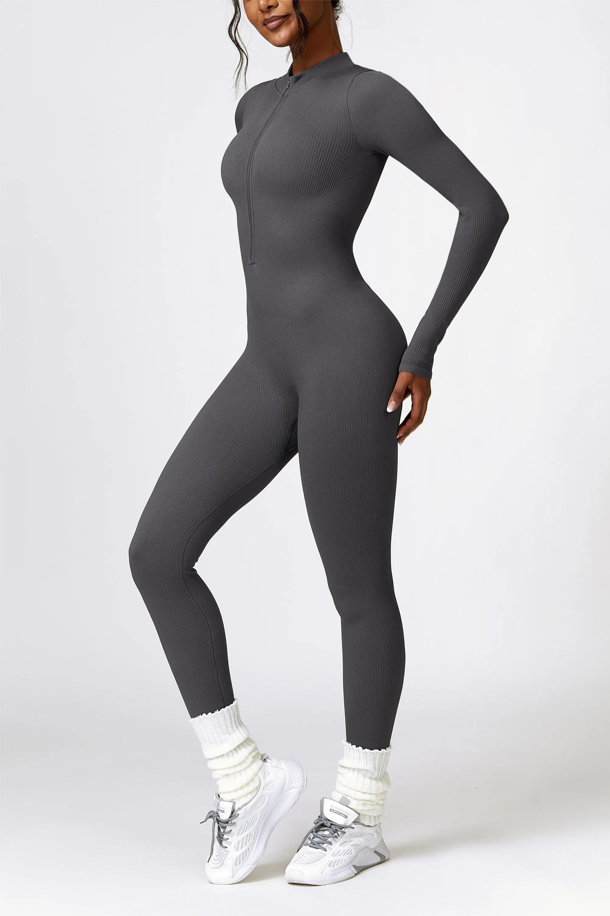 ZipFlex Ribbed Long-Sleeve Active Jumpsuit