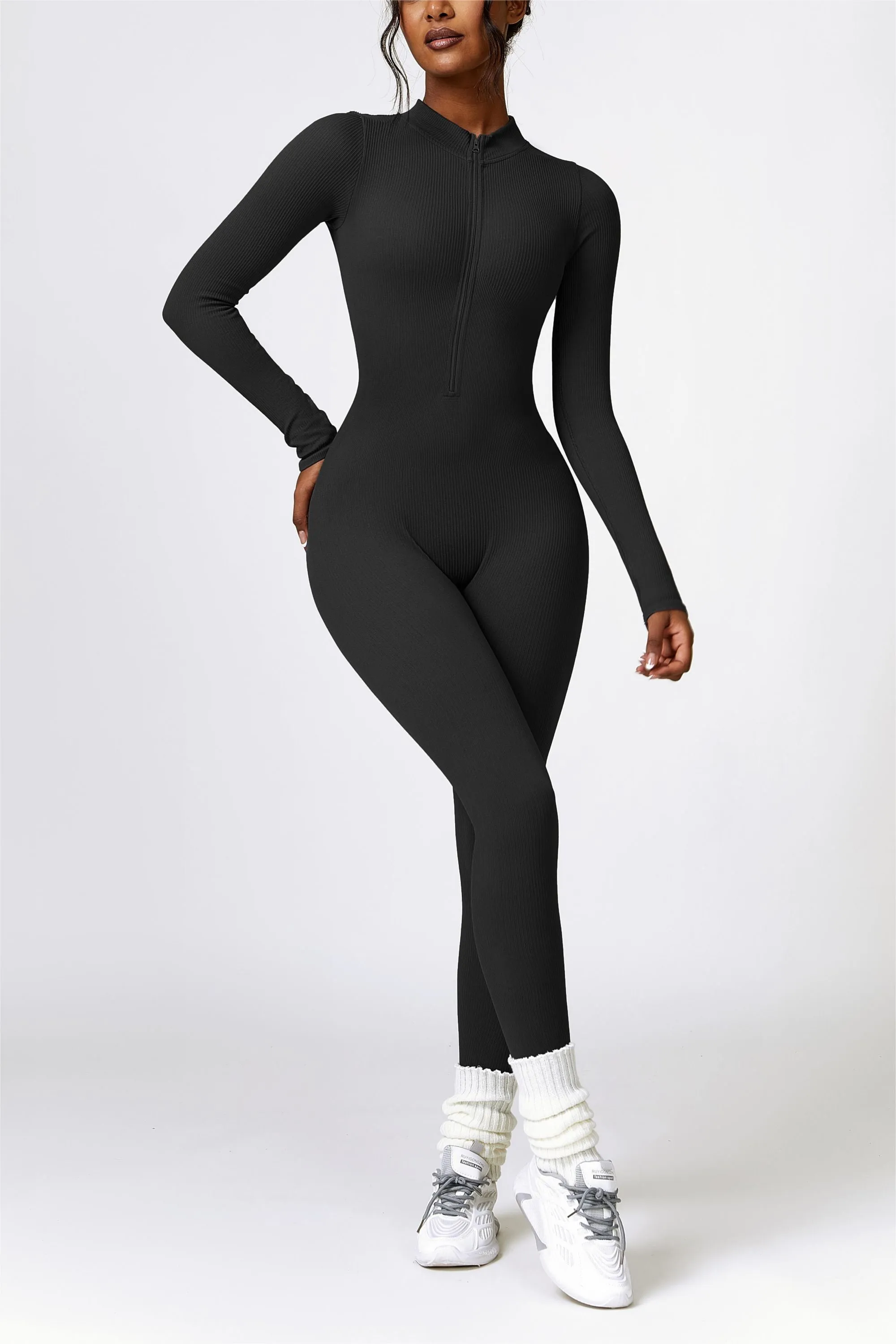 ZipFlex Ribbed Long-Sleeve Active Jumpsuit