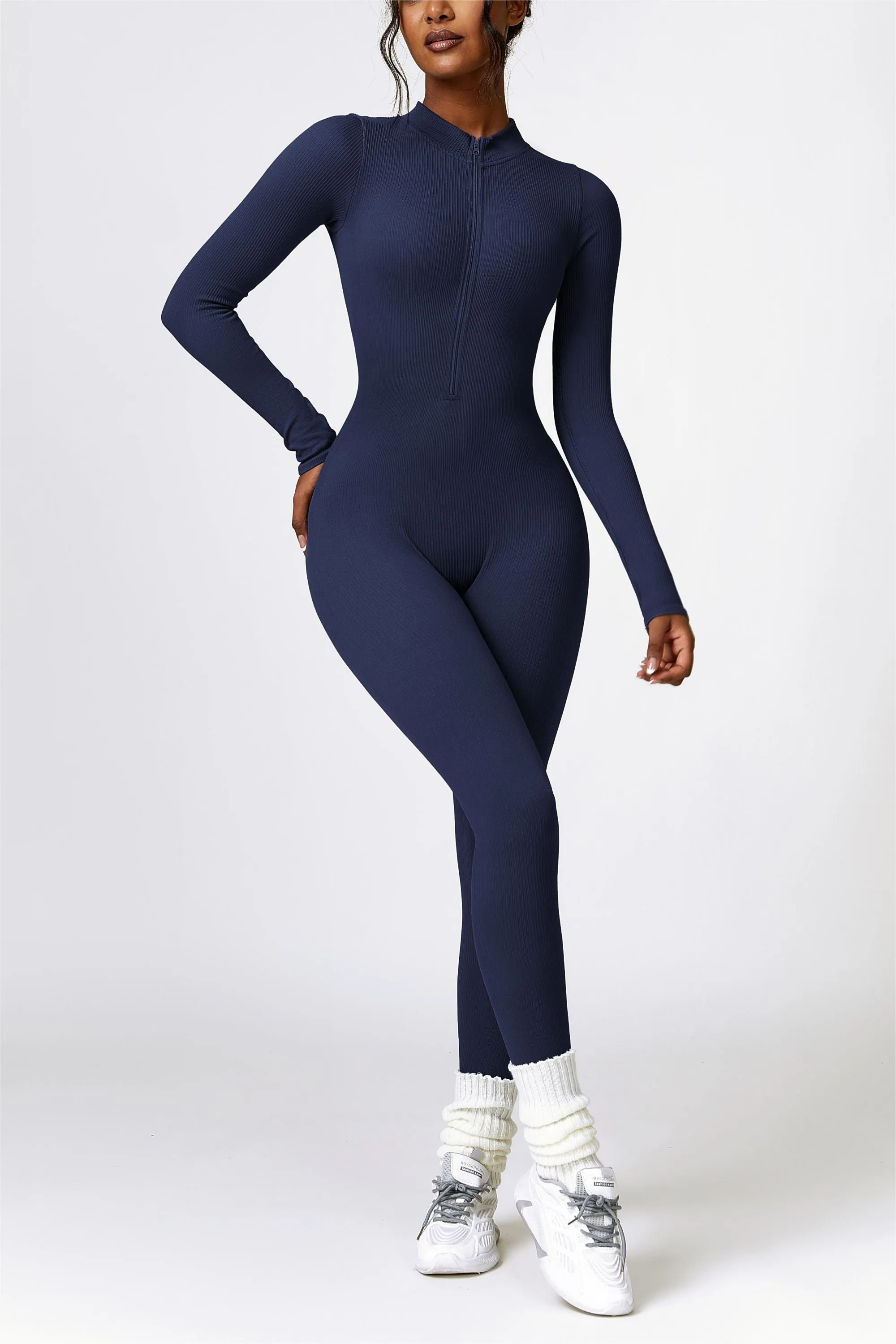 ZipFlex Ribbed Long-Sleeve Active Jumpsuit