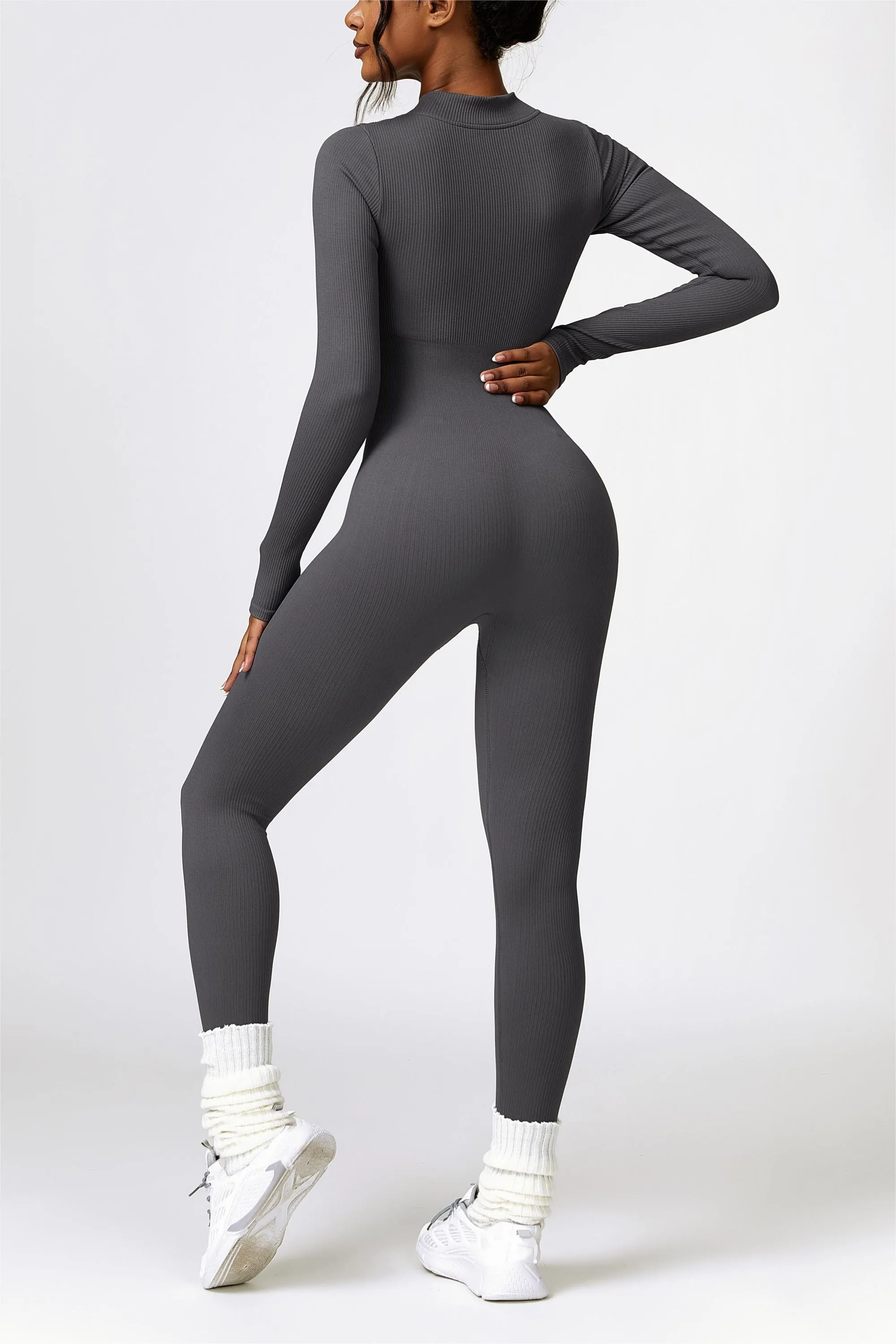 ZipFlex Ribbed Long-Sleeve Active Jumpsuit