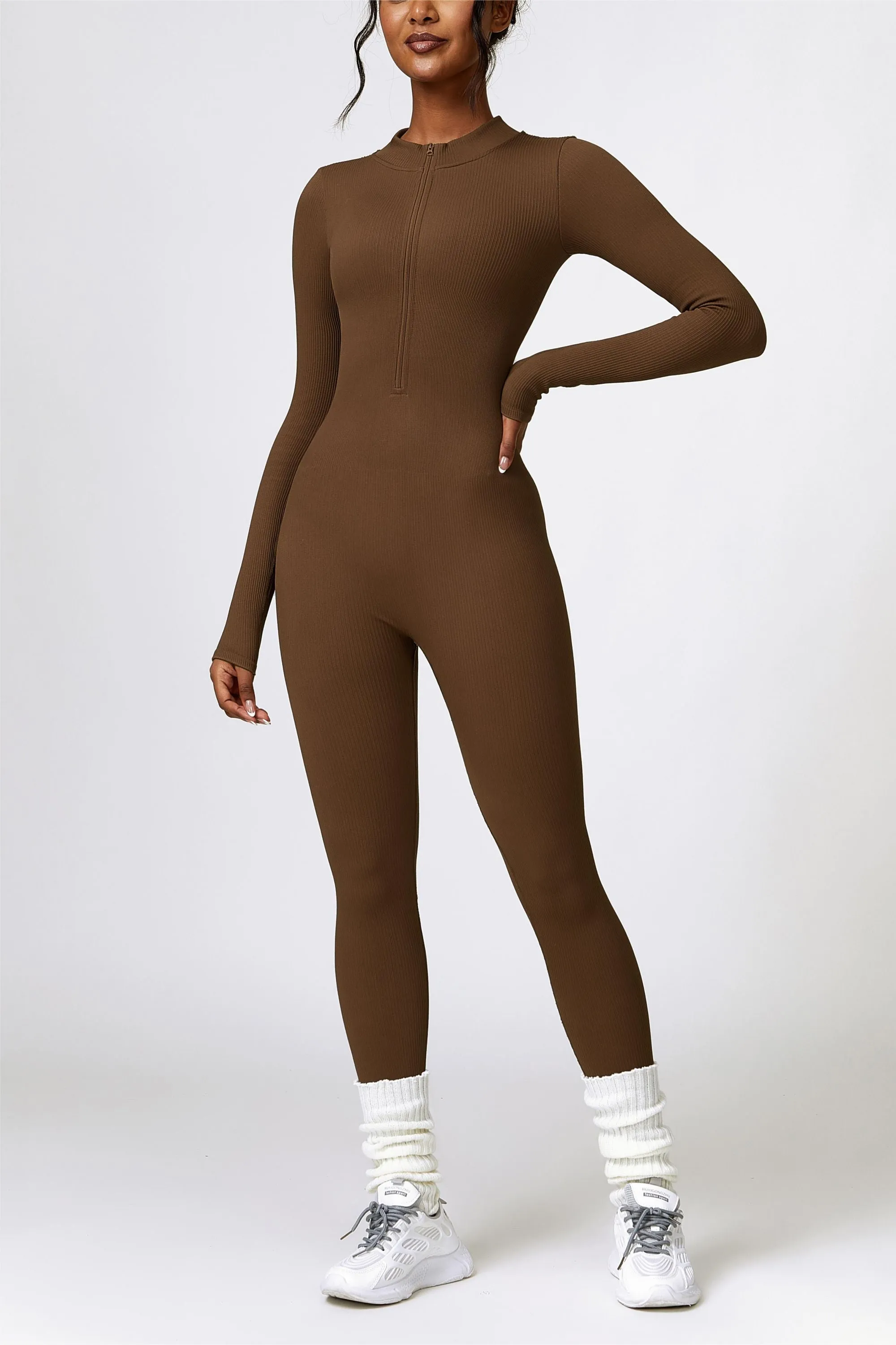 ZipFlex Ribbed Long-Sleeve Active Jumpsuit