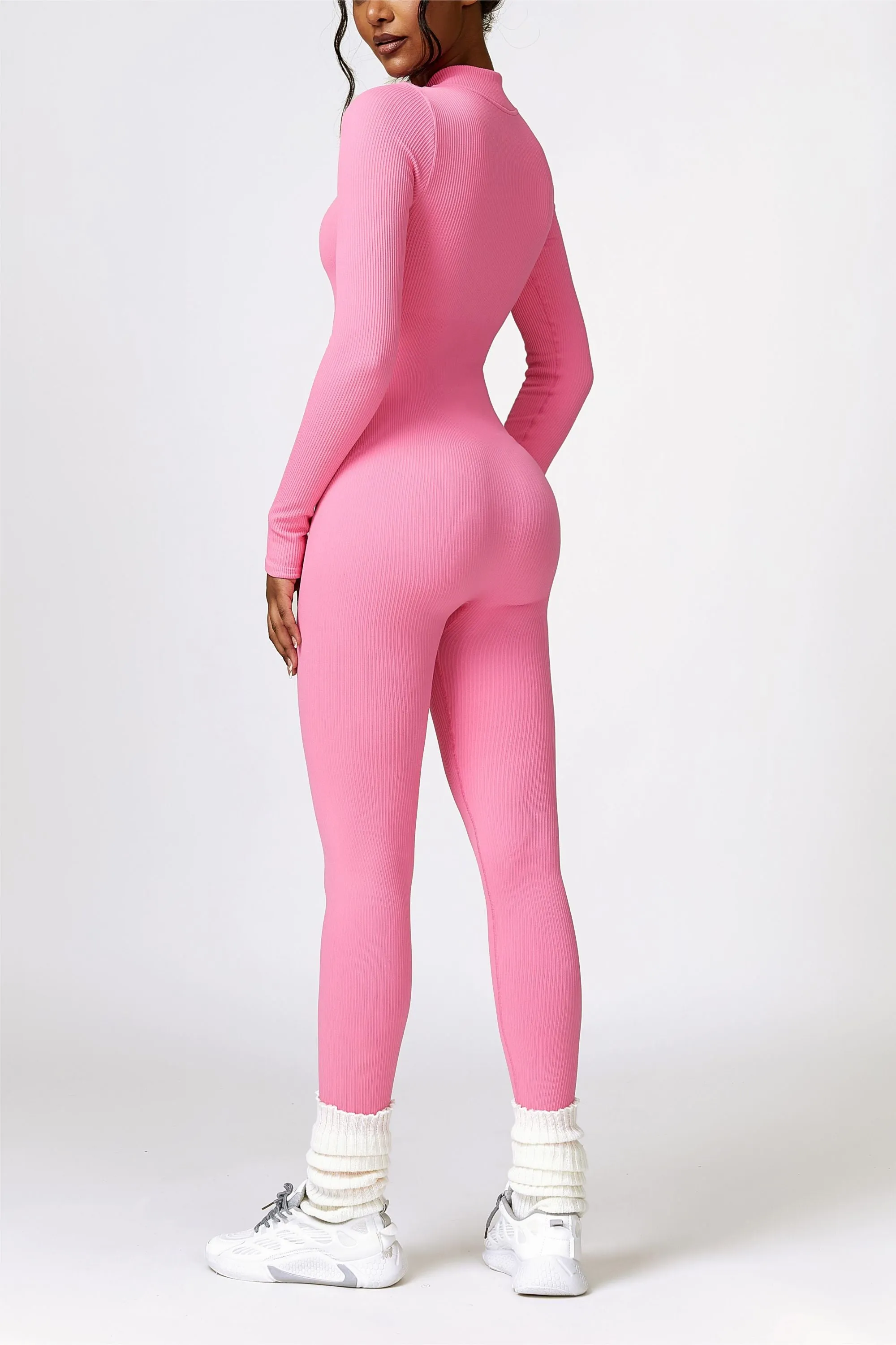 ZipFlex Ribbed Long-Sleeve Active Jumpsuit