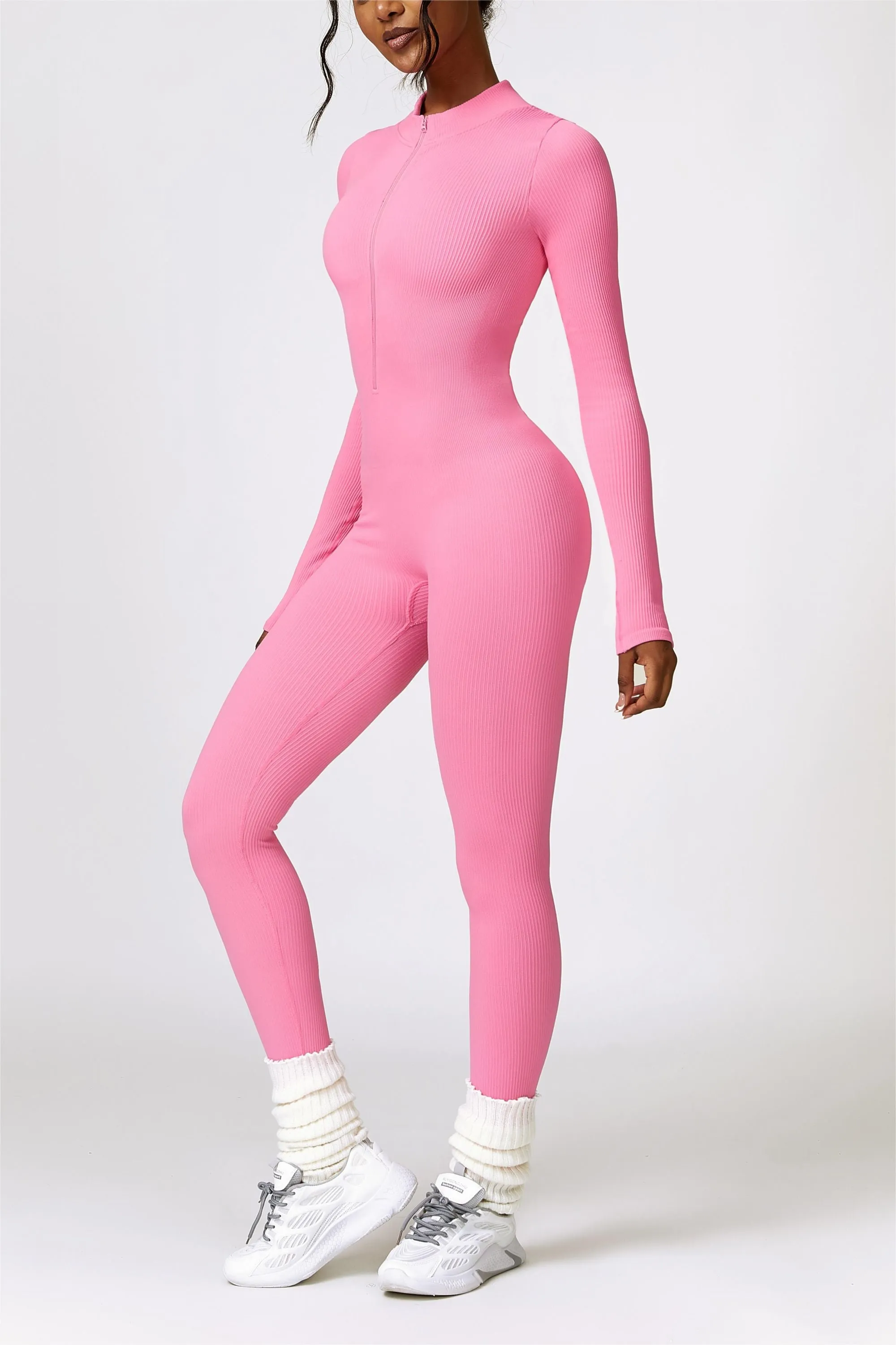ZipFlex Ribbed Long-Sleeve Active Jumpsuit