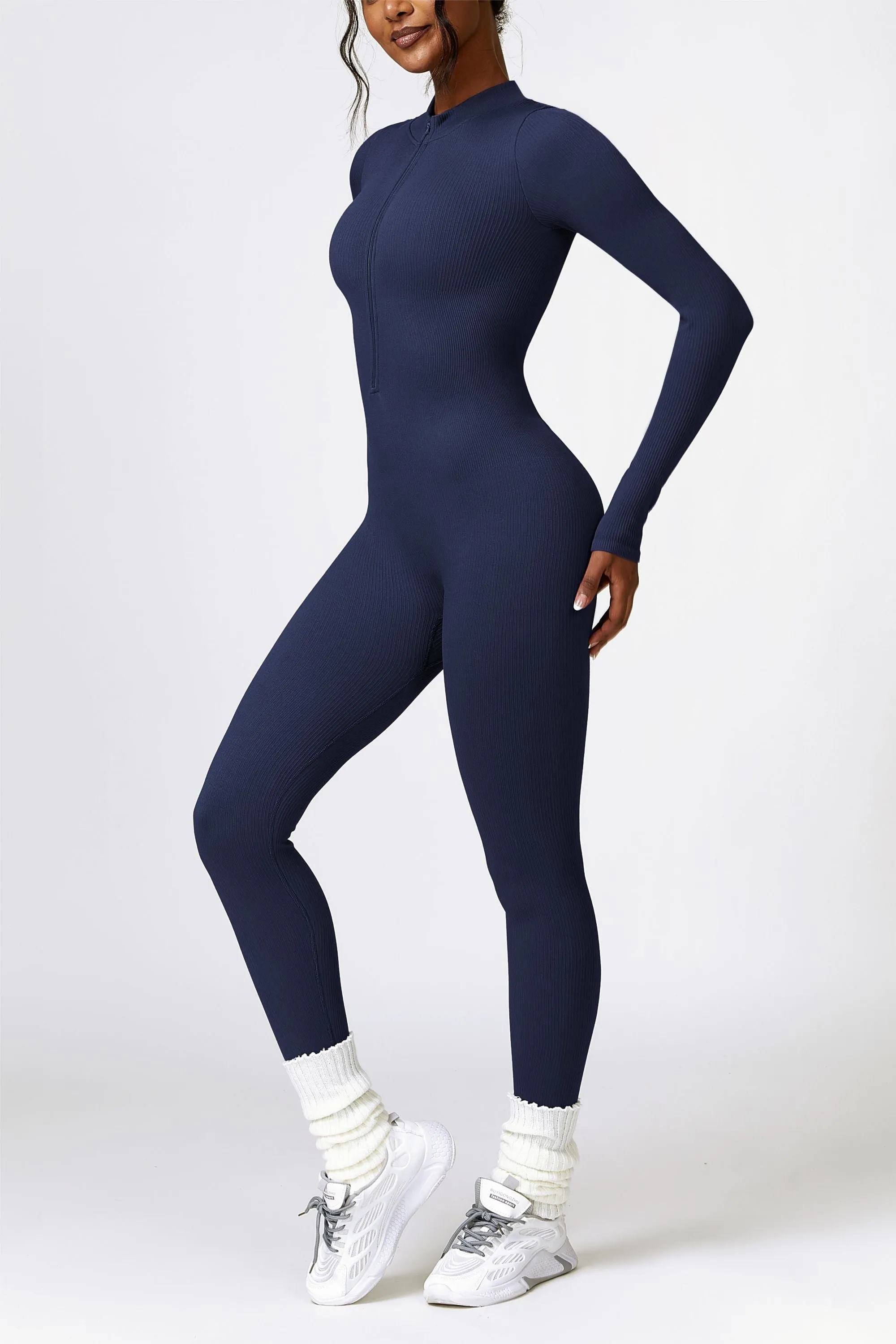 ZipFlex Ribbed Long-Sleeve Active Jumpsuit