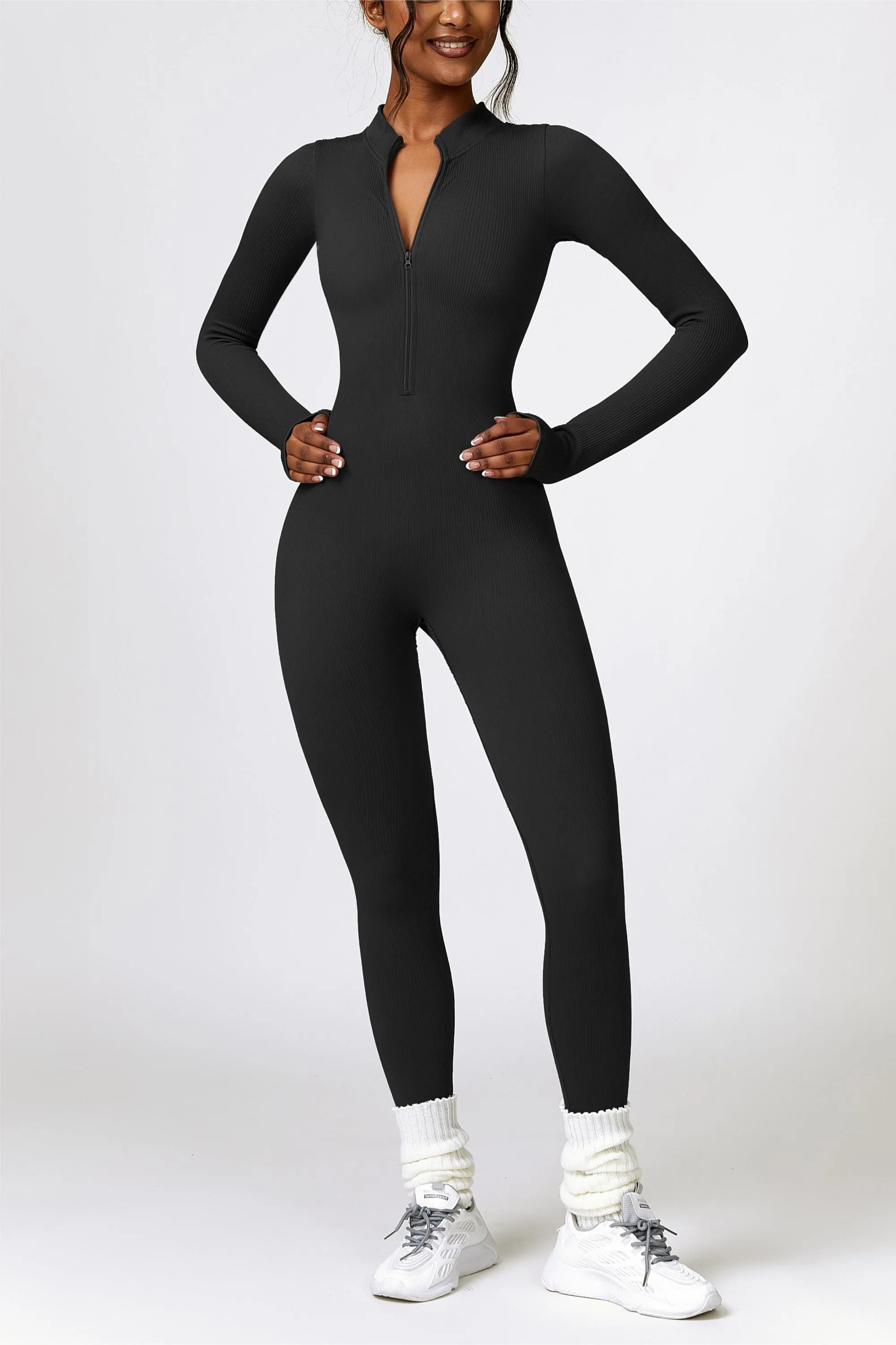ZipFlex Ribbed Long-Sleeve Active Jumpsuit