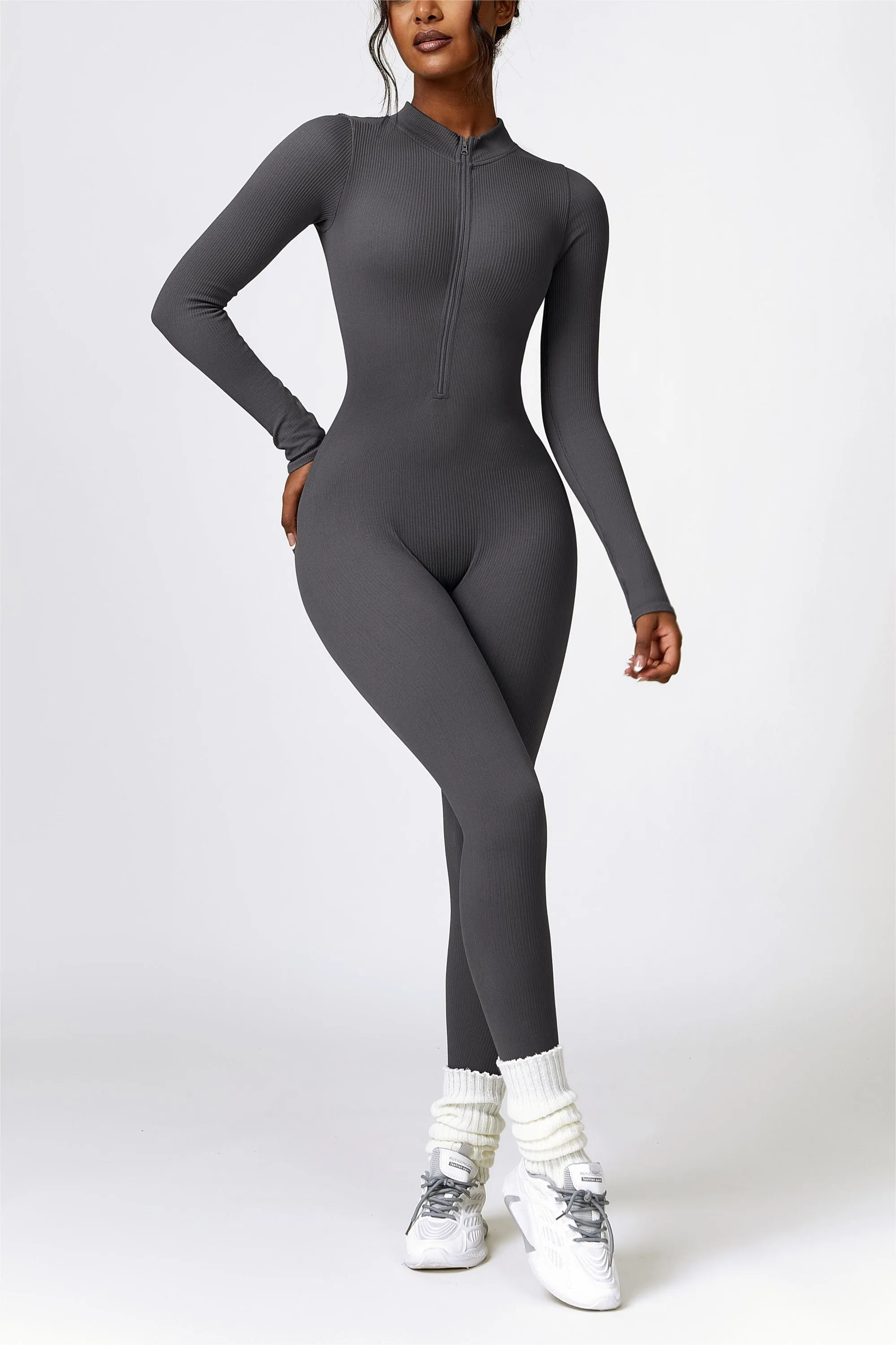 ZipFlex Ribbed Long-Sleeve Active Jumpsuit