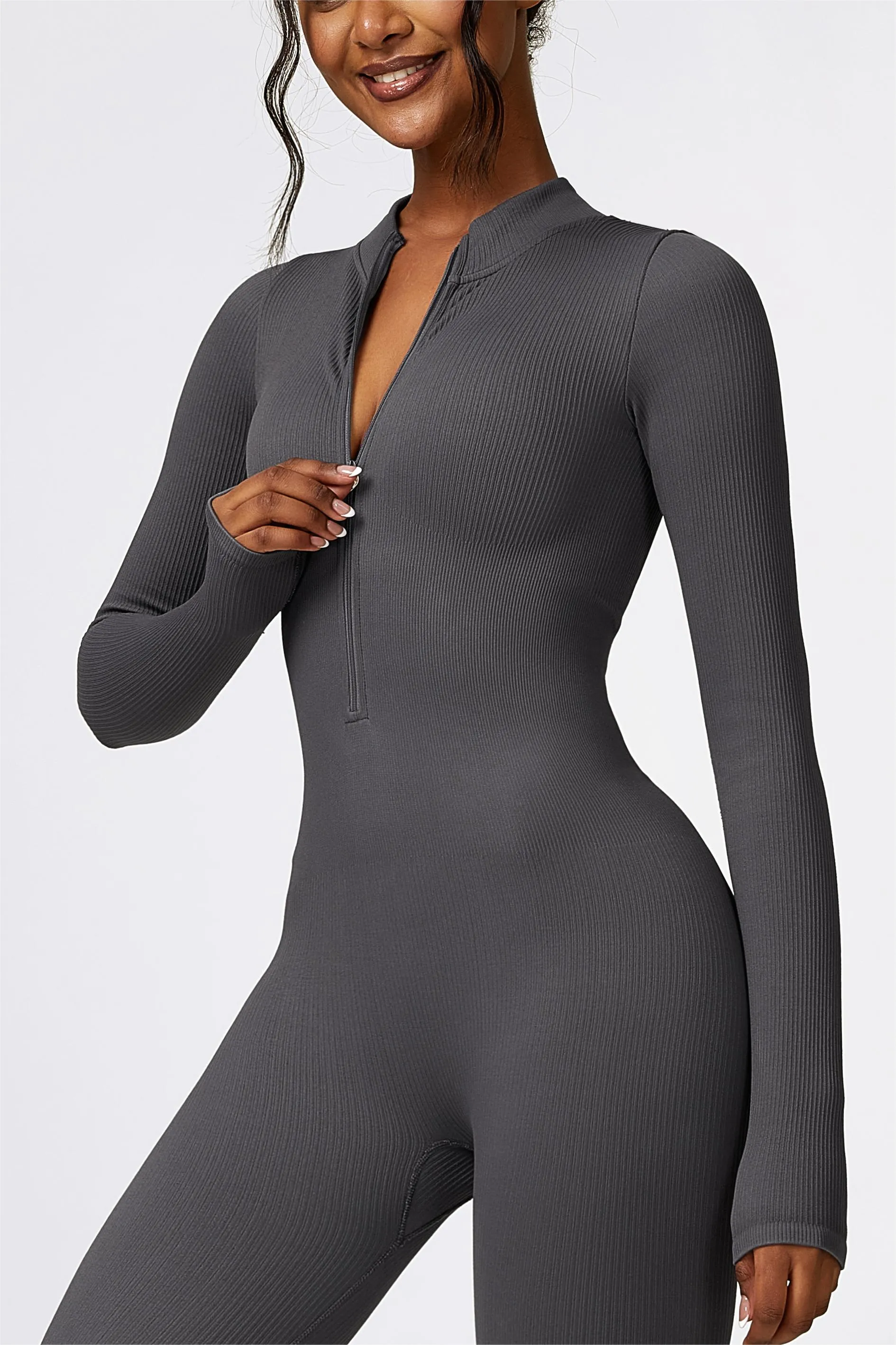 ZipFlex Ribbed Long-Sleeve Active Jumpsuit