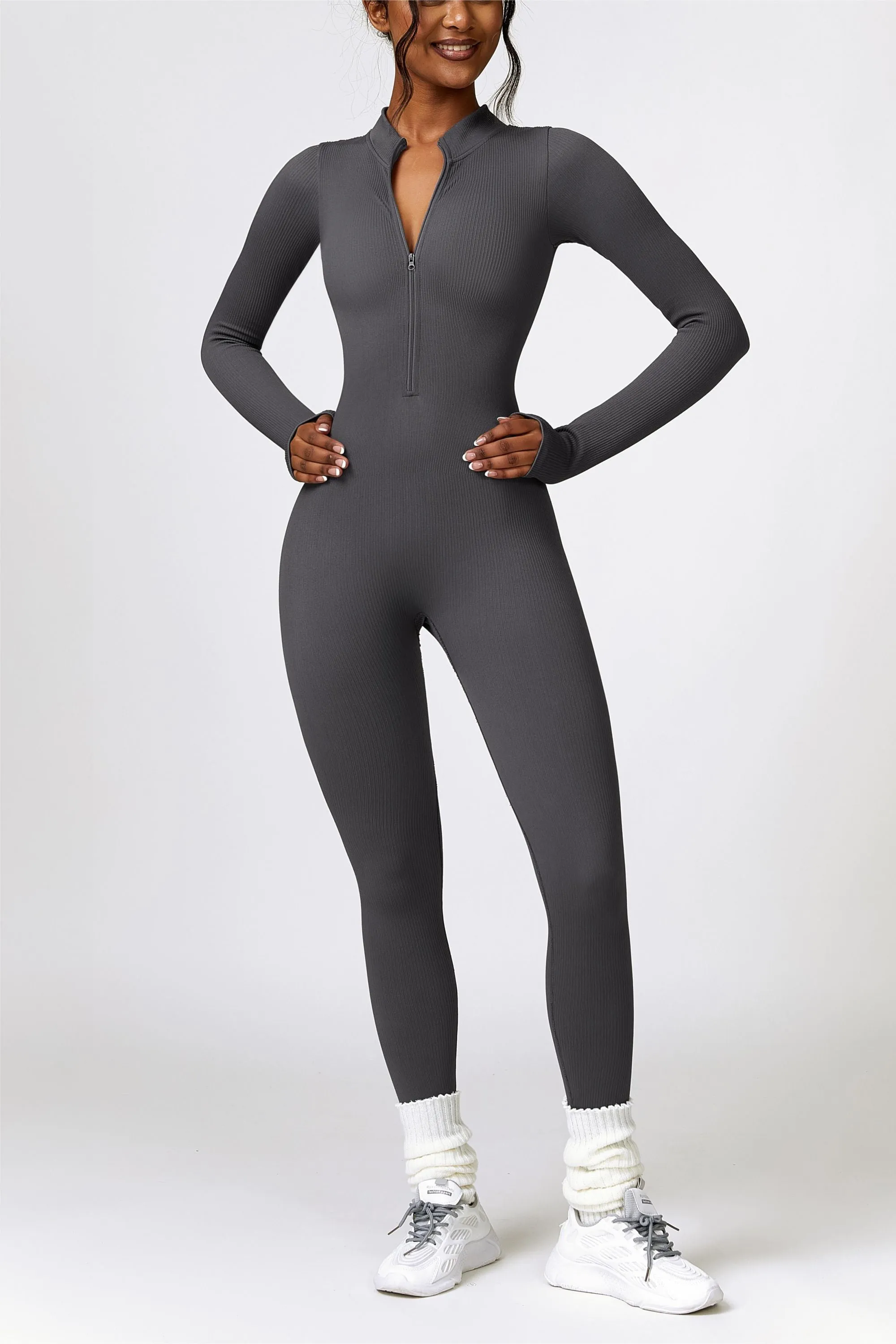 ZipFlex Ribbed Long-Sleeve Active Jumpsuit